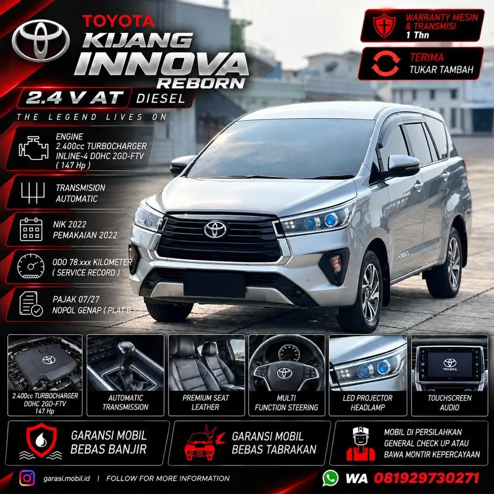 Toyota Kijang Innova Reborn V 2.4 AT 2022 / Odo 78rbu Kilometer
