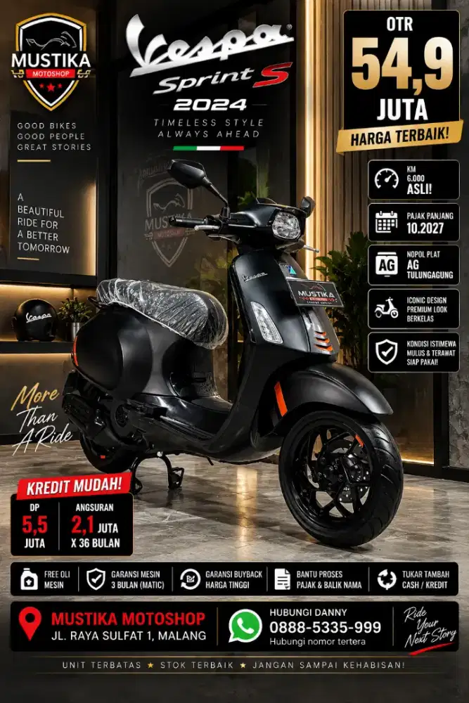Vespa Sprint S 2024 Black. Km 6rb. DANNY Mustika Motor Malang