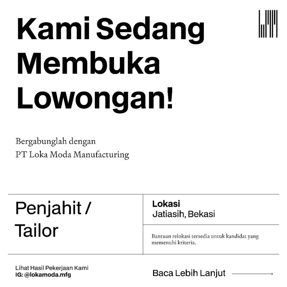 LOWONGAN KERJA PENJAHIT/TAILOR - PT LOKA MODA MANUFACTURING