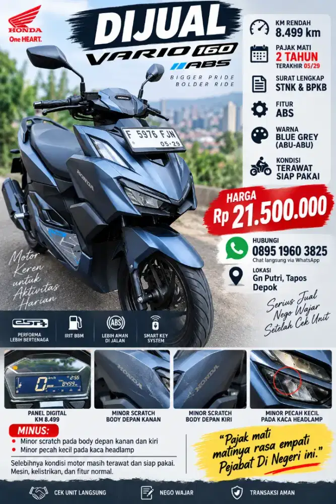 Dijual Vario 160 Abs Blue Matte km 8.500