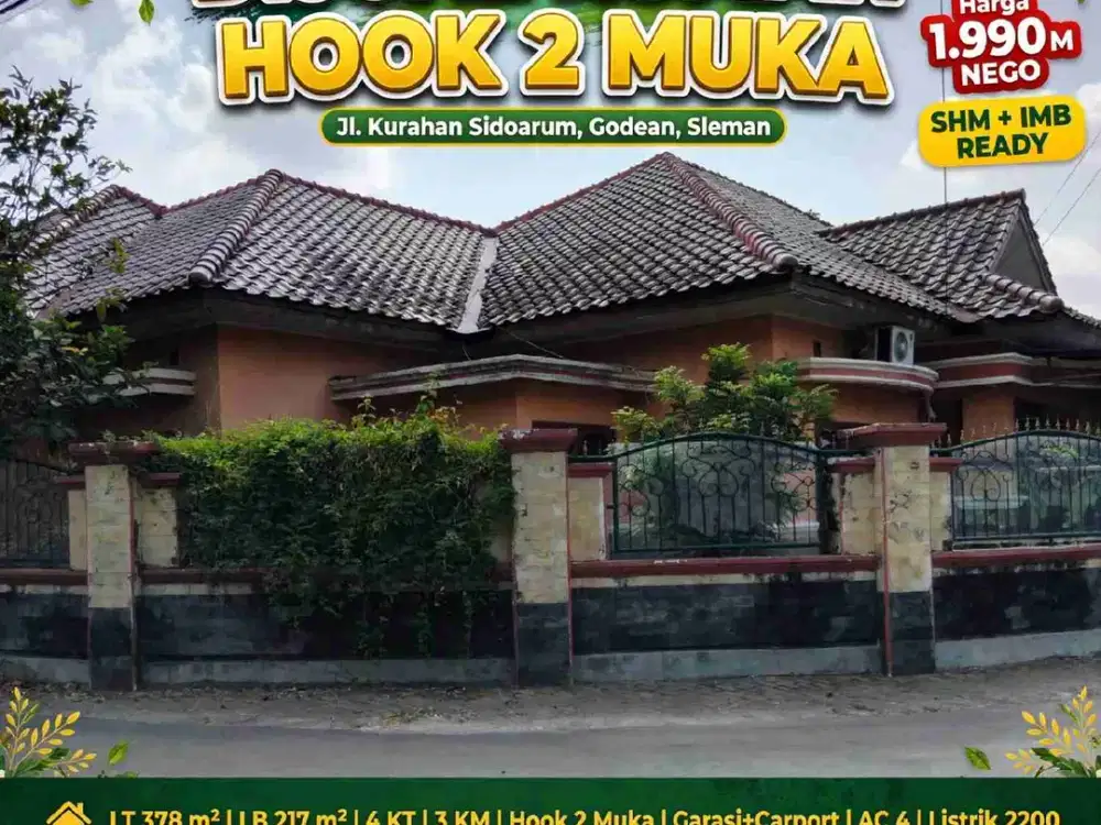Dijual Rumah Hook 2 Muka LT 378m² LB 217m² di Sidoarum Godean Sleman - SHM+IMB 1.99M Nego