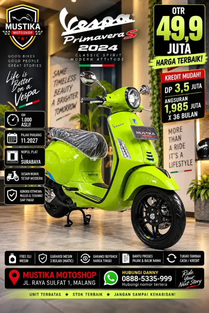 Km 1rb asli‼️Vespa Primavera S Green Magnetico. DANNY Mustika Motor