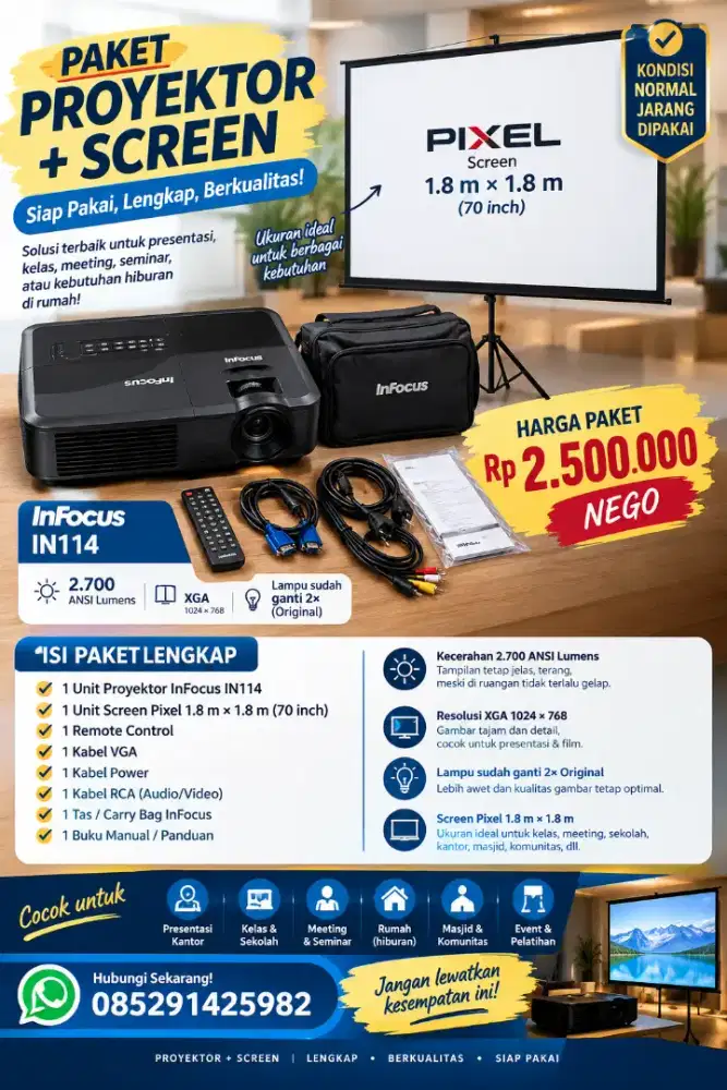 Paket proyektor + layar screen siap pakai