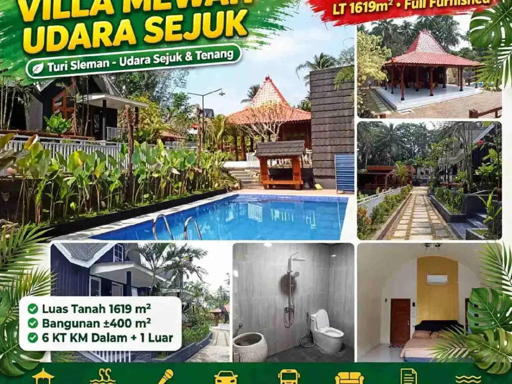 Dijual Villa Mewah LT 1619m² di Turi Sleman - 6 Kamar, Kolam Renang, Pendopo, Full Furnish 4.5M Nego