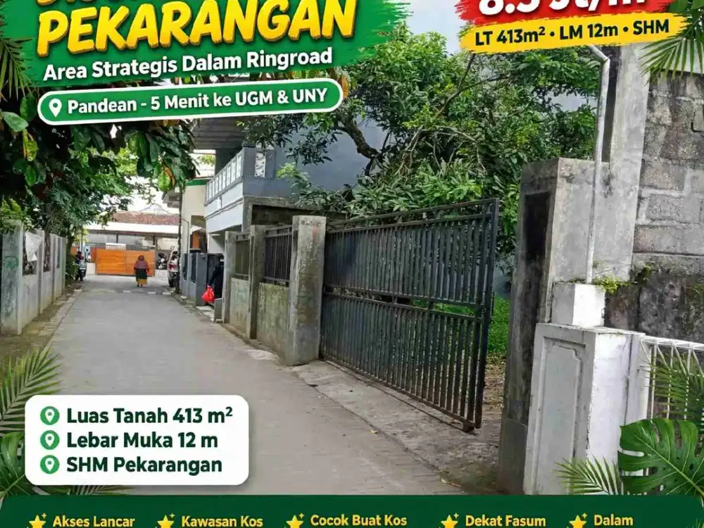 Dijual Tanah SHM Pekarangan 413m² LM 12m di Pandean Dalam Ringroad - 5 Menit ke UGM UNY - 8.5 Jt/m² Cocok Kos