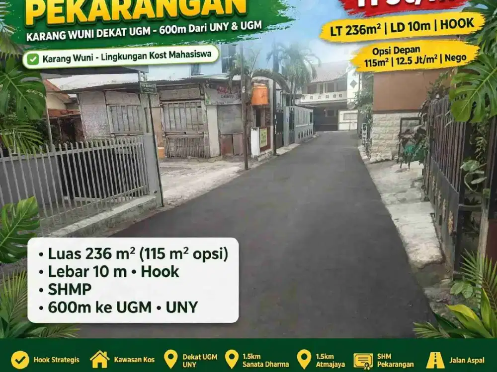 Dijual Tanah SHM Pekarangan Hook LT 236m² LD 10m di Karang Wuni Dekat UGM UNY - 11 Jt/m² - Lingkungan Kost