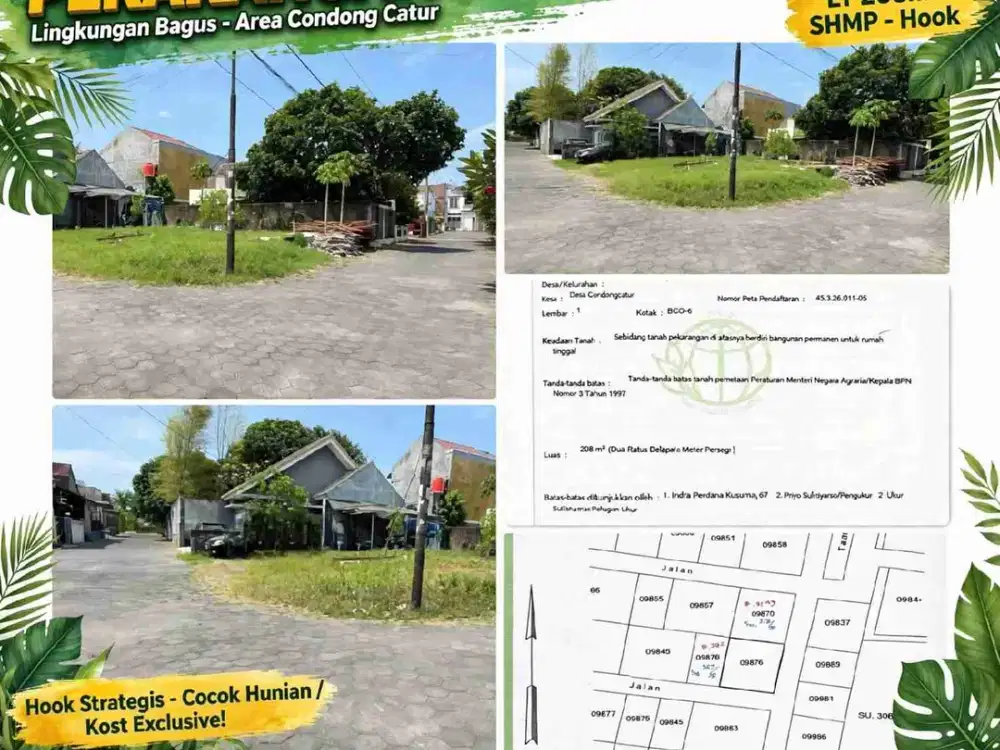 Dijual Tanah SHM Pekarangan 208m² Hook 2 Muka Jalan di Condong Catur - Hadap Timur Selatan - 5 Jt/m² - Lingkungan Bagus