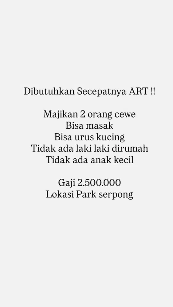 Dibutuhkan ART wanita