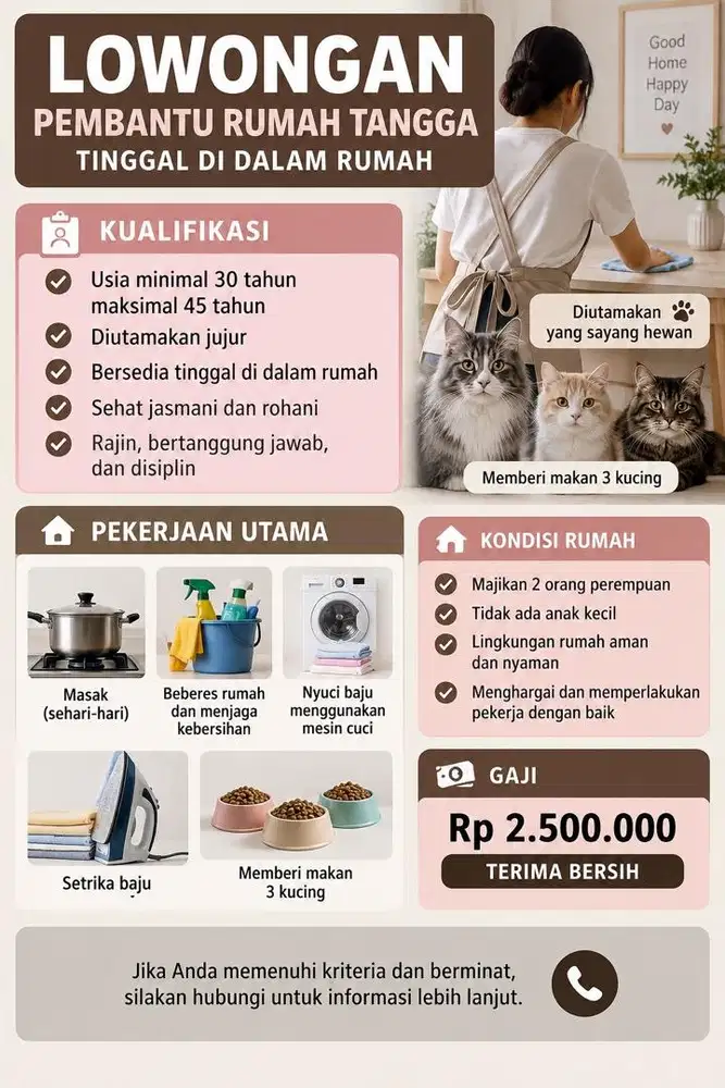 DI BUTUHKAN ART MENGINAP (TINGGAL DALAM RUMAH)