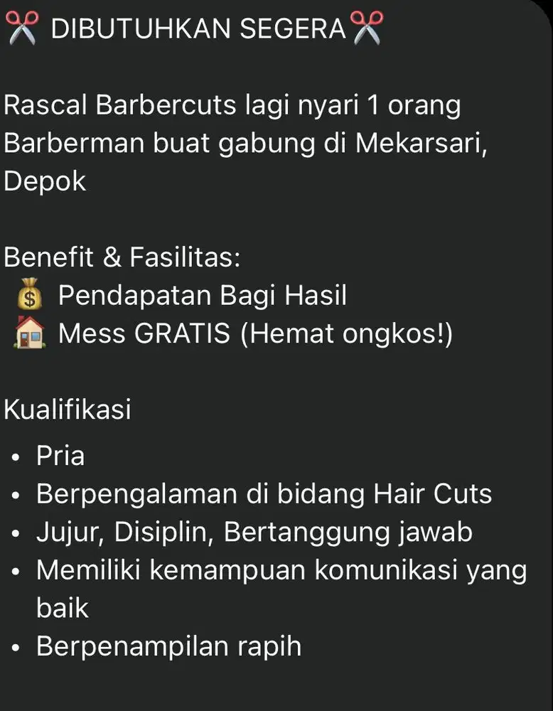 Lowongan Capster BarberShop!
