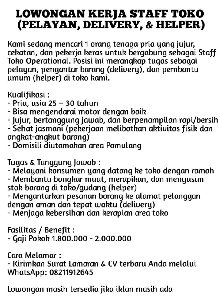 Pelayan Toko, Delivery, Helper