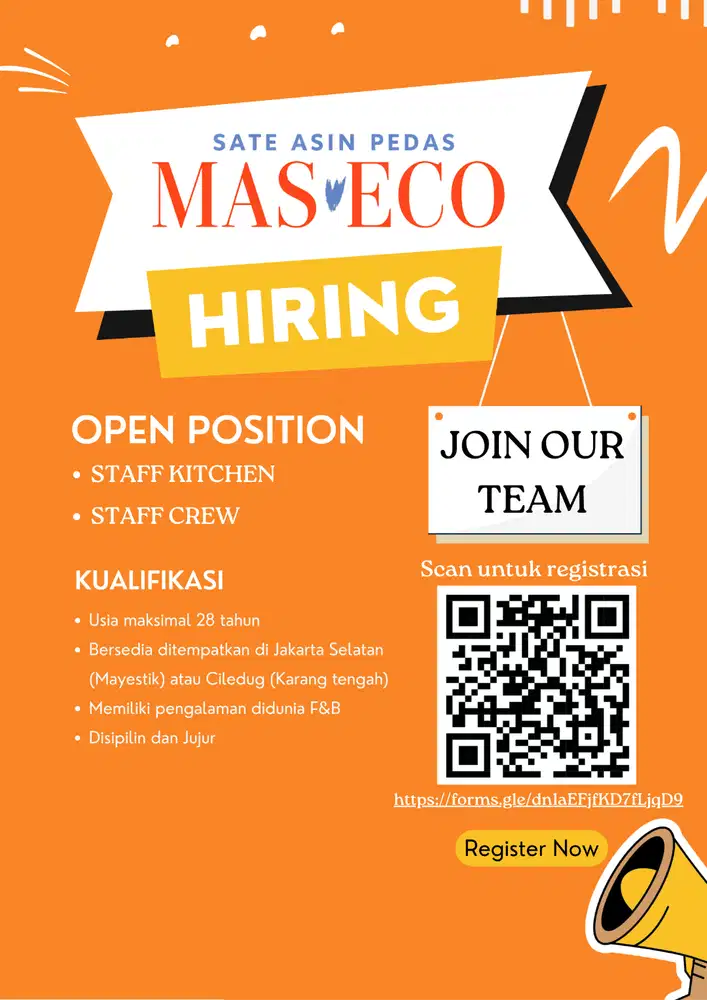 Hiring Staff Crew Sate Asin Pedas Mas Eco (scan barcode untuk regist)