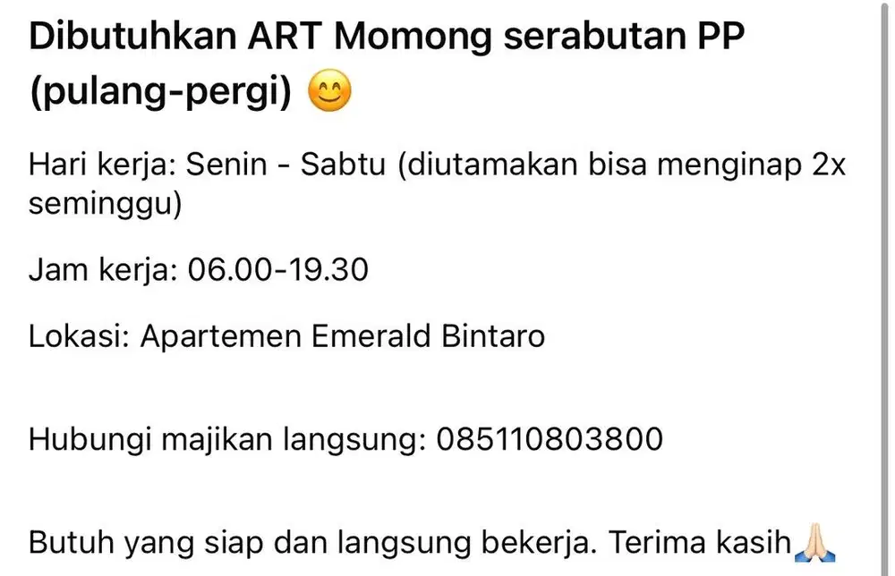 Loker (Lowongan Kerja) ART Momong Serabutan di Bintaro Tangsel