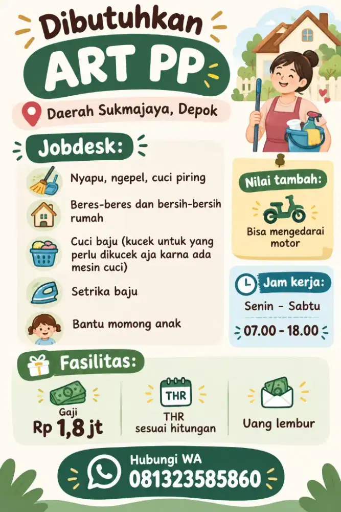 DICARI ART PP DAERAH SUKMAJAYA, DEPOK