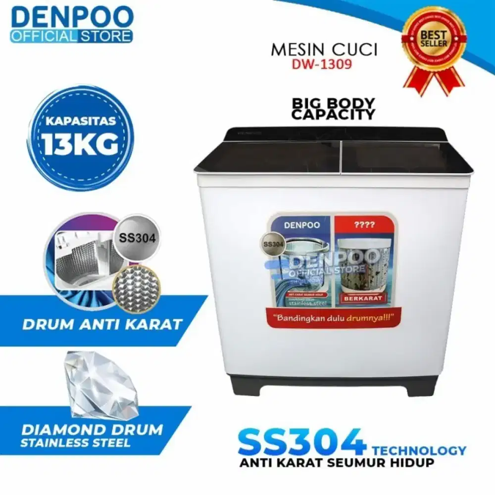 Denpoo mesin cuci 13kg otomatis 2 tabung 13 kilo hitam putih Laundry