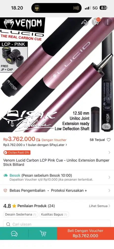 Stick billiard carbon lucid venom pink + case stick billiard