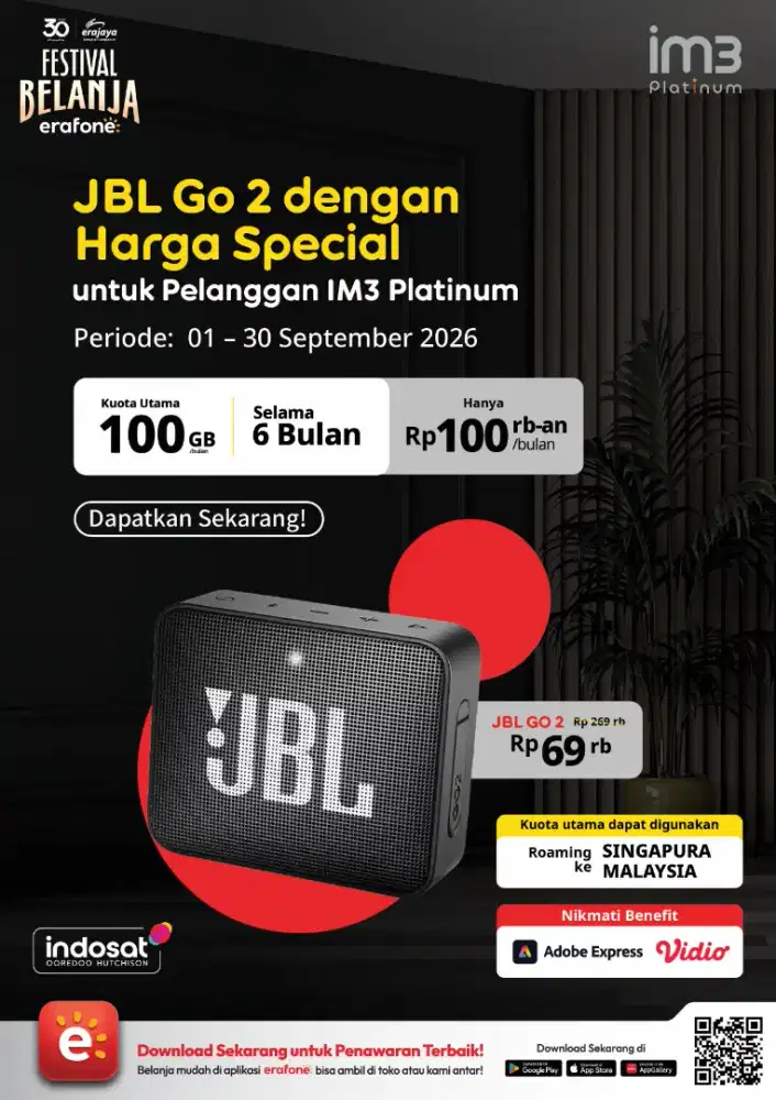 Promo Paket IM3 Platinum 100GB - Bonus JBL Go 2 / Voucher 200RB