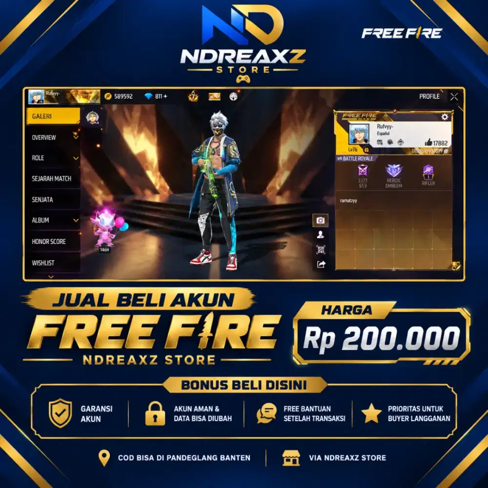 JUAL AKUN FREE FIRE NOMINAL 200K