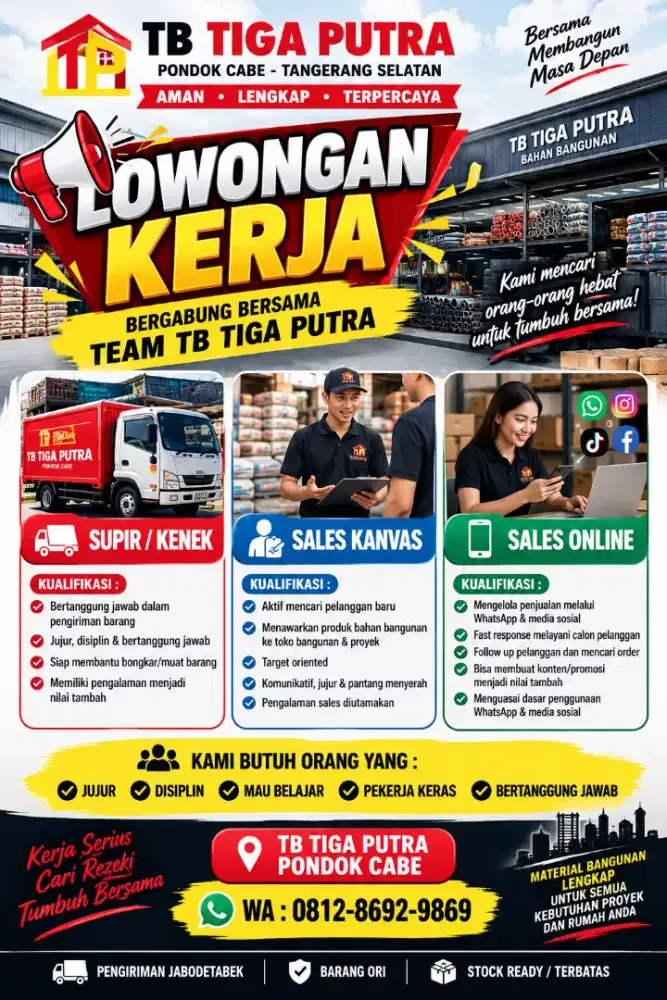 LOWONGAN KERJA TB TIGA PUTRA PONDOK CABE