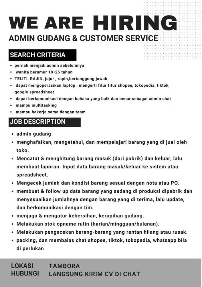 DICARI ADMIN GUDANG & CUSTOMER SERIVE