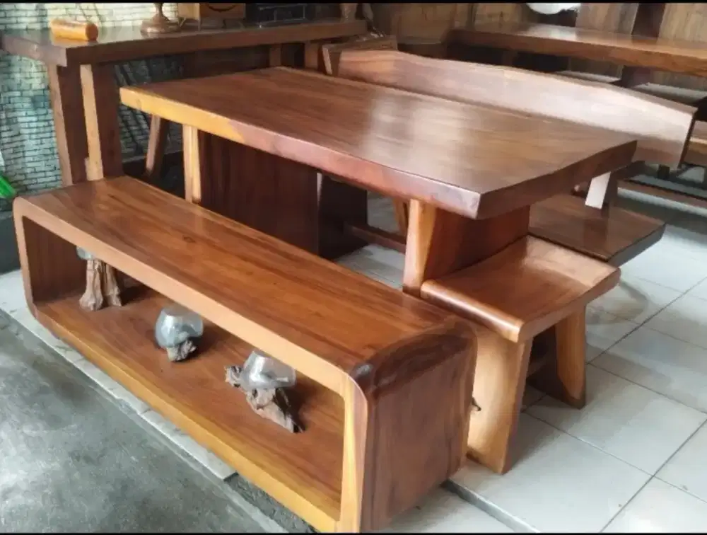 Set Meja makan kayu solid utuh antik unik alami