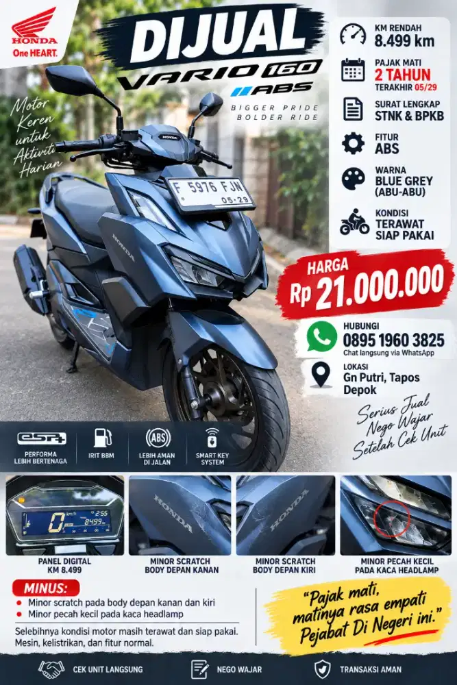 Dijual Vario 160 Abs Blue Matte km 8.500