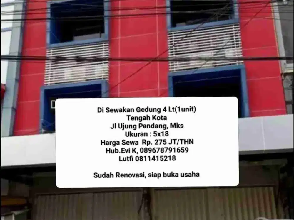 Disewakan Ruko 4 lt Jl. Ujung Pandang Makassar