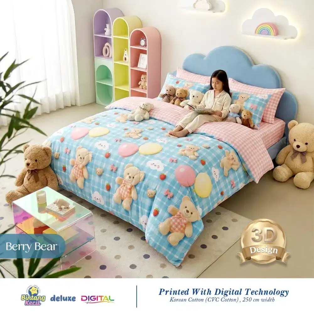 Sprei katun anak motif lucu berry bear biru