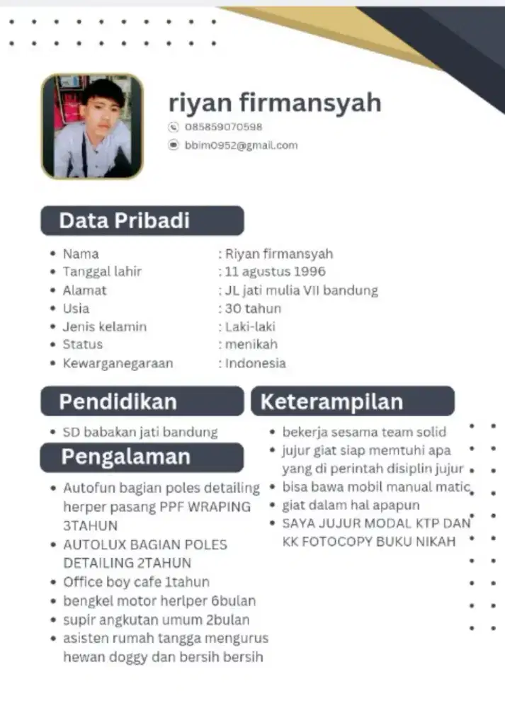 assalammualaikum saya riyan firmansyah sedang mencari kerja