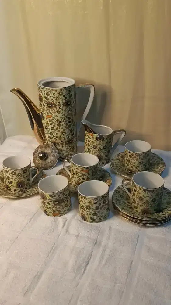 Set cangkir & teko vintage bergaya Retro dd motif flora fauna