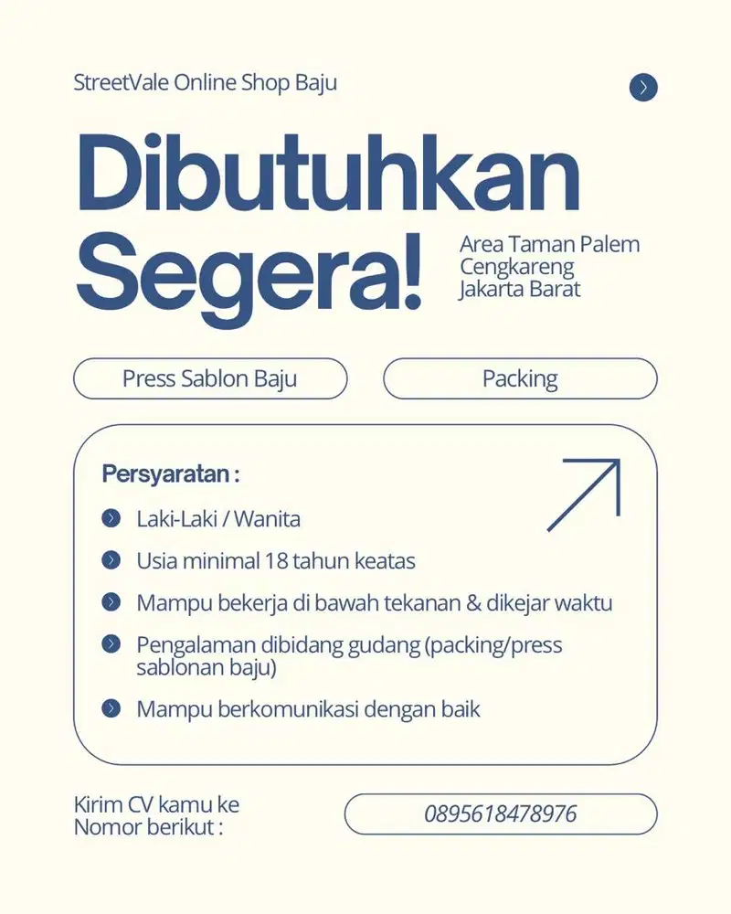Dibutuhkan Staff Gudang (press sablonan baju & packing)