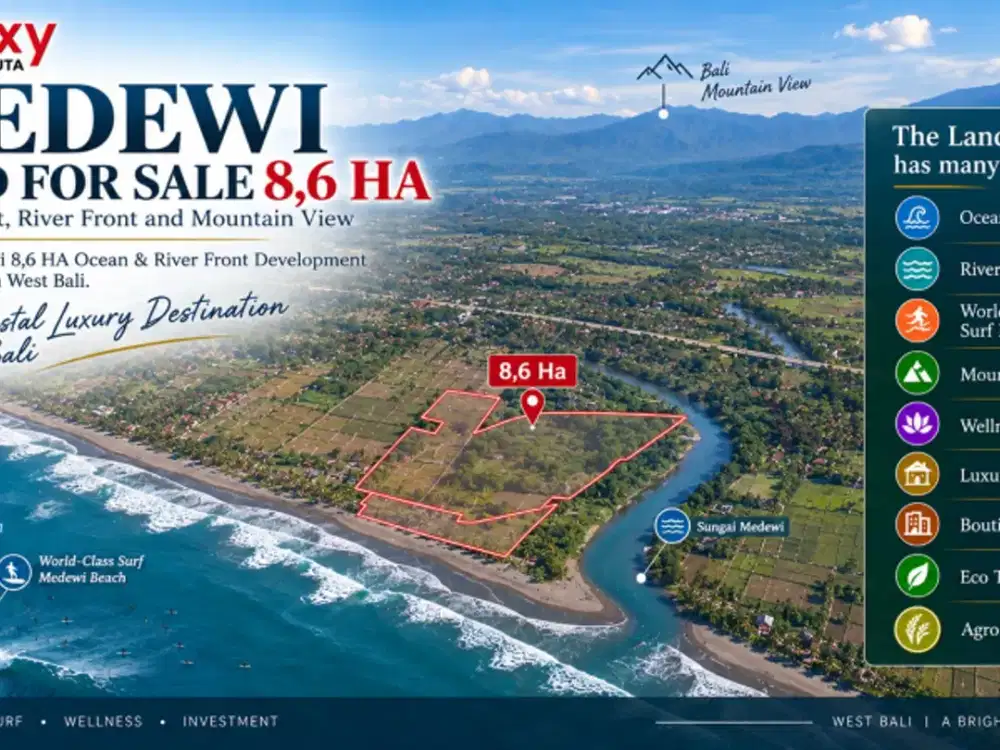 Land For Sale Medewi 8,6 HA Ocean & River Front and Mountain View