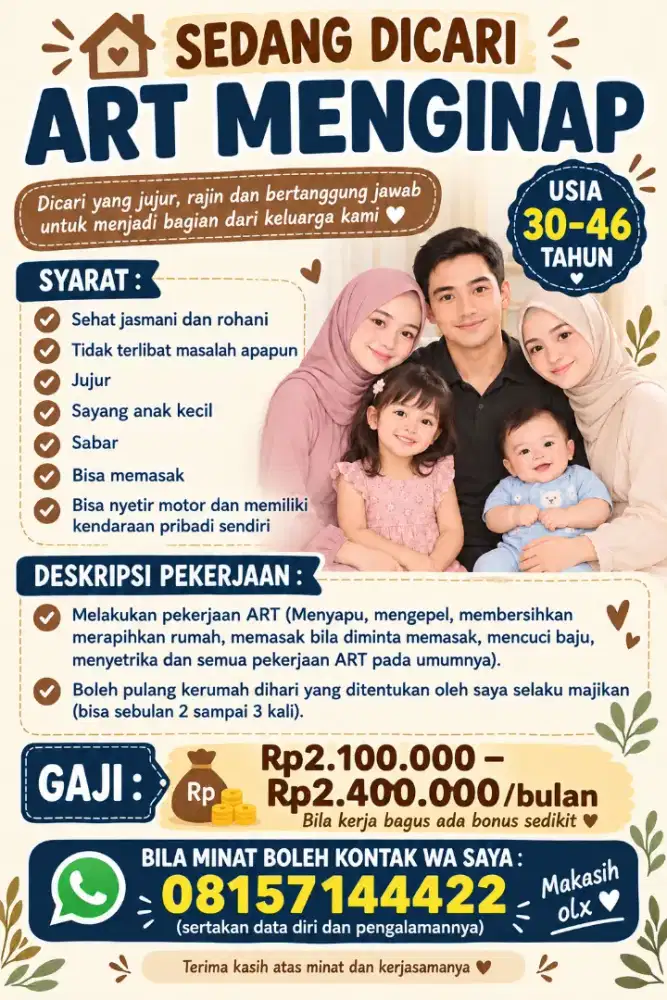 Dicari asisten rumah tangga menginap boleh pulang sebulan 3kali