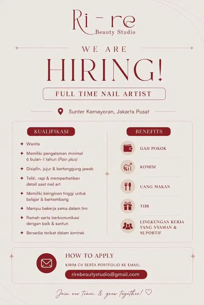 LOWONGAN NAIL ARTIST FULL TIME – SUNTER KEMAYORAN JAKARTA PUSAT