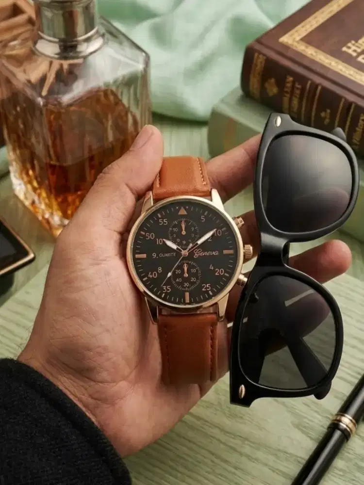 Jam Tangan Analog Bonus Kacamata Hitam