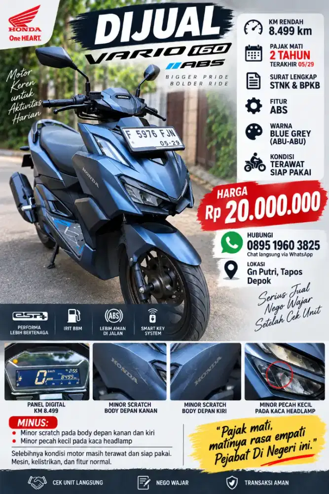Dijual Vario 160 Abs Blue Matte km 8.500