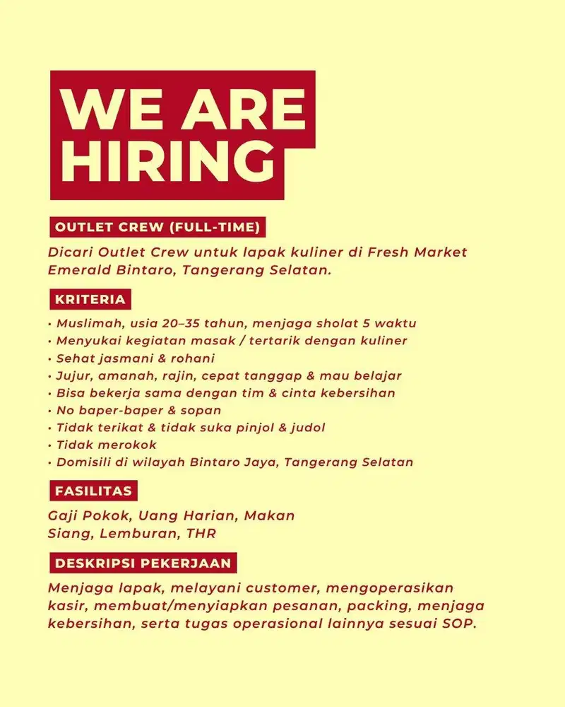 Outlet Crew untuk lapak kuliner di Fresh Market Emerald Bintaro