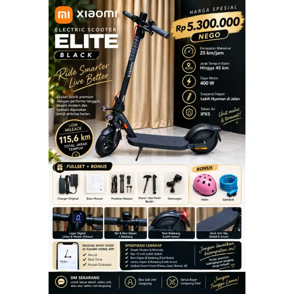 Xiaomi Electric Scooter Elite Black | Mulus | KM 115 | Fullset | Nego