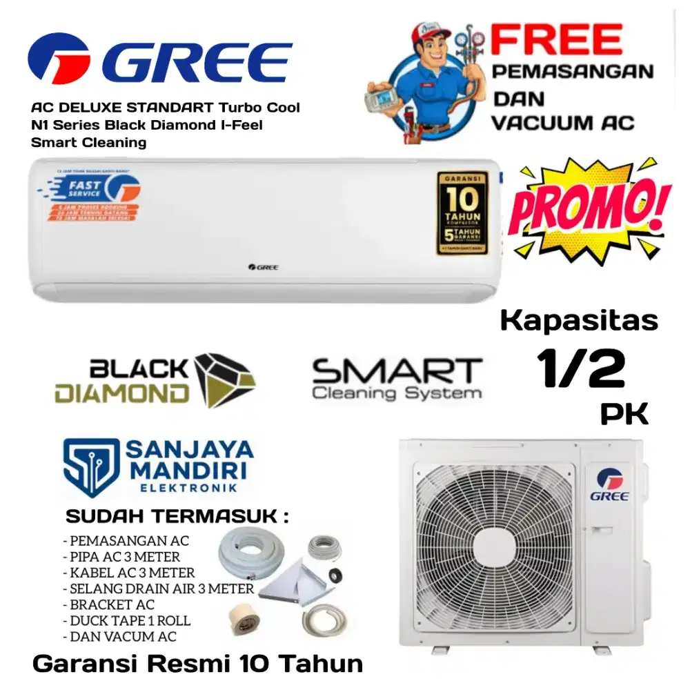 FREE PASANG! GREE AC 1/2 PK Black Diamond Smart Clean IFeel N1GWC05N1