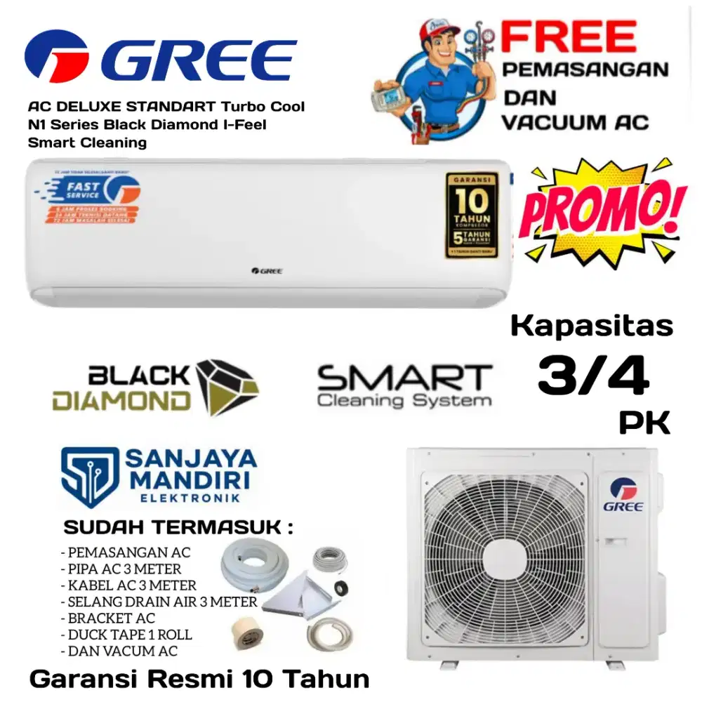 FREE PASANG! GREE AC 3/4 PK Black Diamond Smart Clean I-FELL GWC07N1