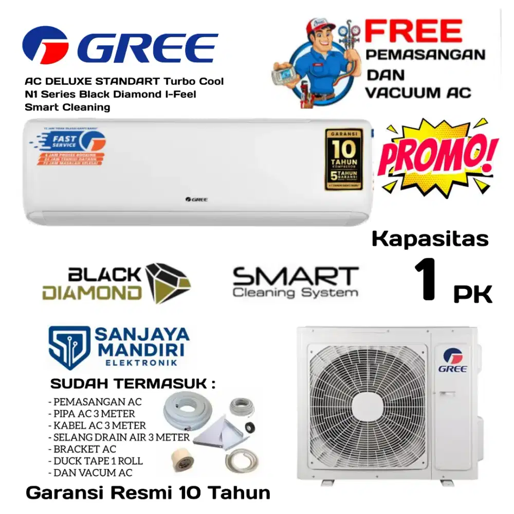FREE PASANG! GREE AC 1 PK BLACK DIAMOND SMART CLEAN I-FEEL GWC09N1 R32