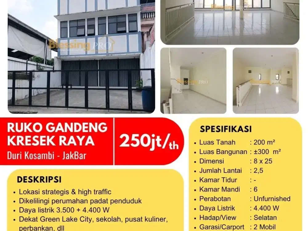 Disewakan Ruko Gandeng 2,5 Lantai Kresek Raya Duri Kosambi - Jakarta Barat