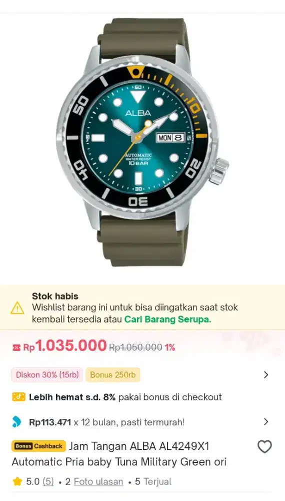 Jual jam alba otomatic baby tuna military