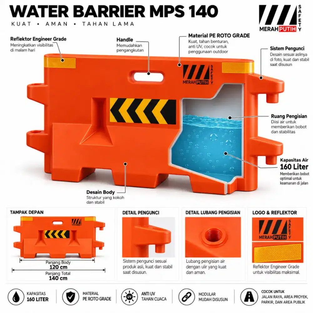 Water Barrier Pembatas Jalan Plastik  Merah Putih Safety 140
