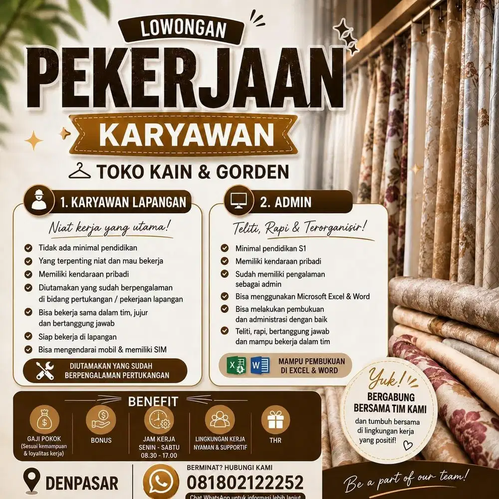 Di cari karyawan toko gorden