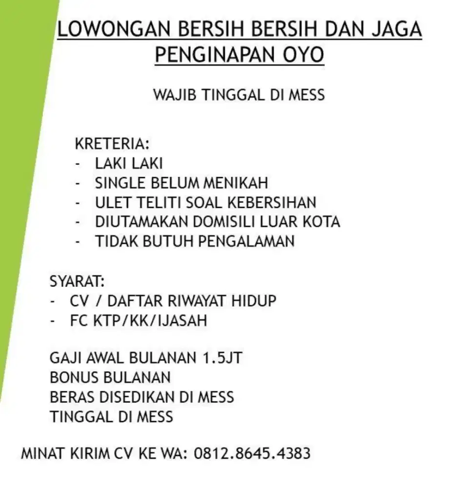 [Lowongan] Tenaga serabutan Bersih Bersih Dan Jaga Guest House