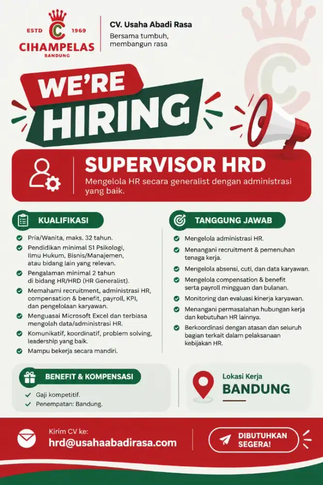 Lowongan Kerja Supervisor HRD Bakso Sapi Cihampelas Segera