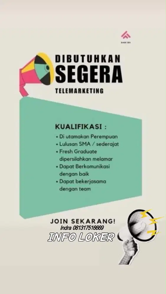 Di butuhkan segera sales marketing dan leader team sales