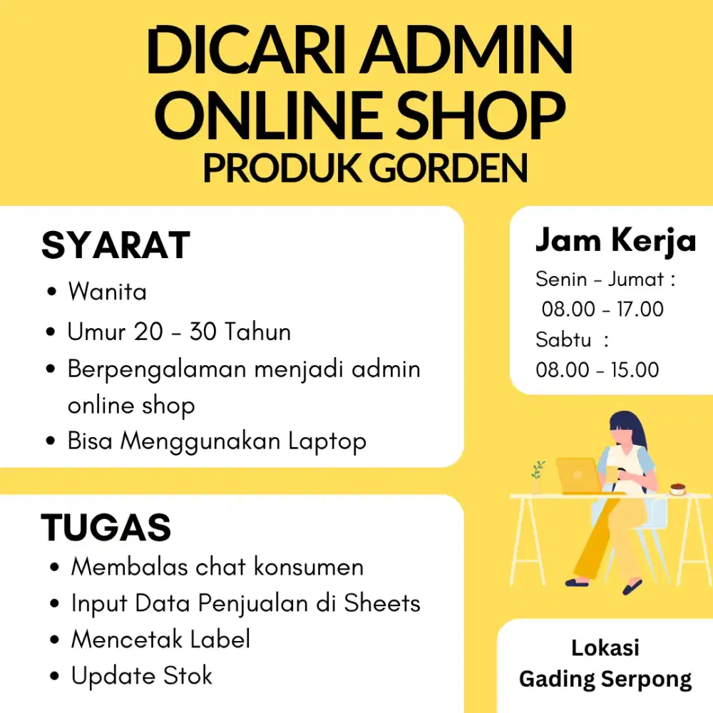 Dicari Admin Online Shop Produk Gorden