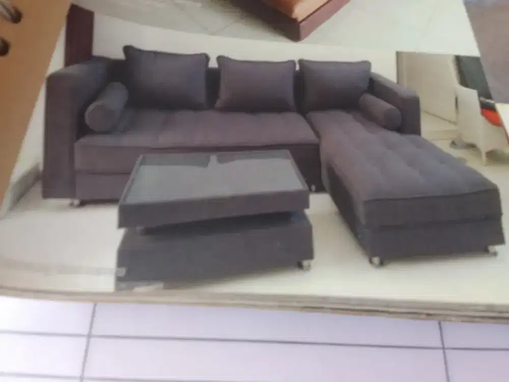 Sofa l  L kapsul + meja warna abu2 tua bunus bantal 3